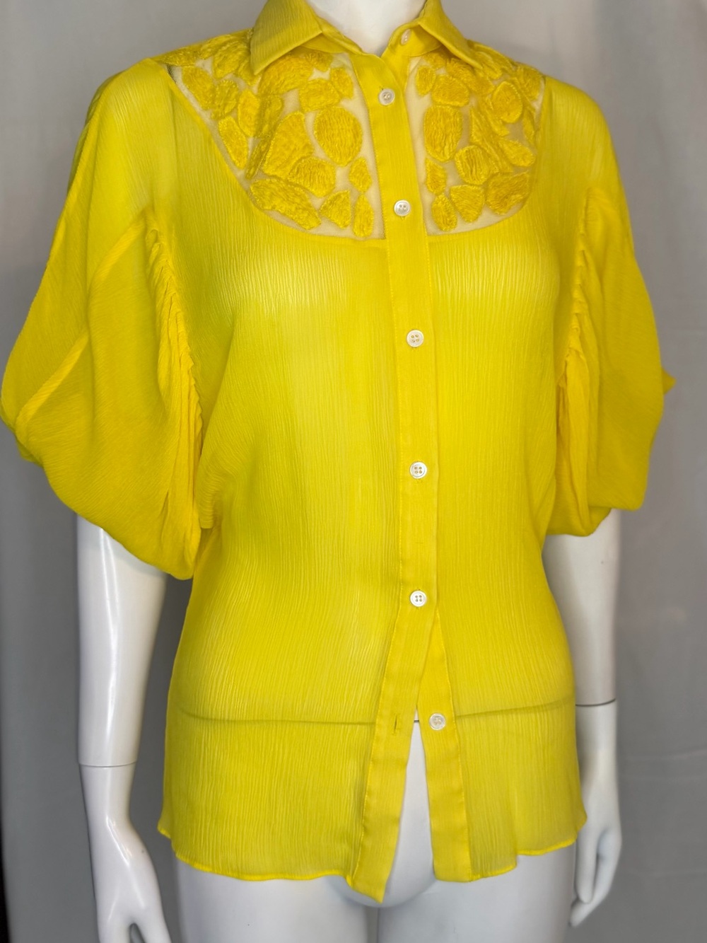 Adam Lippes Bright Yellow Embroidered Yoke Button-Down Blouse